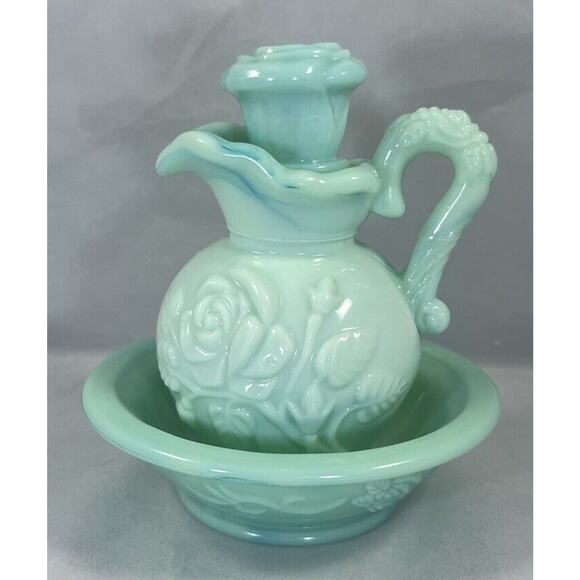 Vintage Avon Green/Teal Jade Swirl Milk Glass Decanter Pitcher Stopper and Bowl - Picture 1 of 16